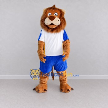 Custom Tan White and Blue Lion in Sportswear Mascot Costume Adult Full Body Suit for Sports Events