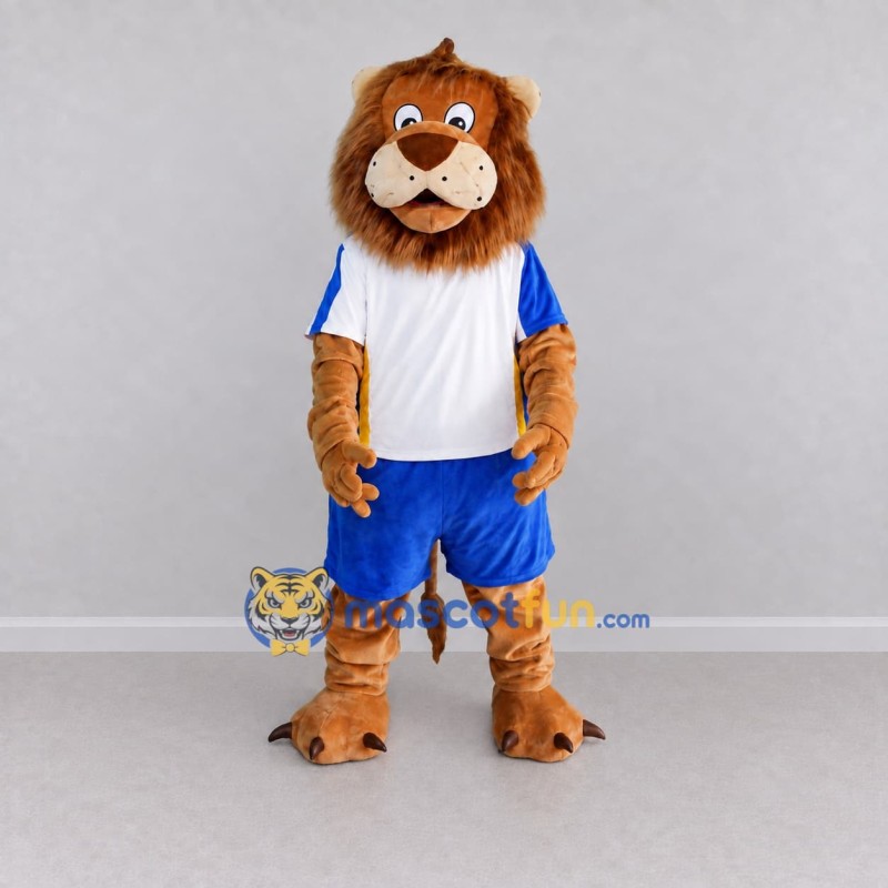 Custom Tan White and Blue Lion in Sportswear Mascot Costume Adult Full Body Suit for Sports Events Custom Tan White and Blue Lion in Sportswear Mascot Costume Adult Full Body Suit for Sports Events