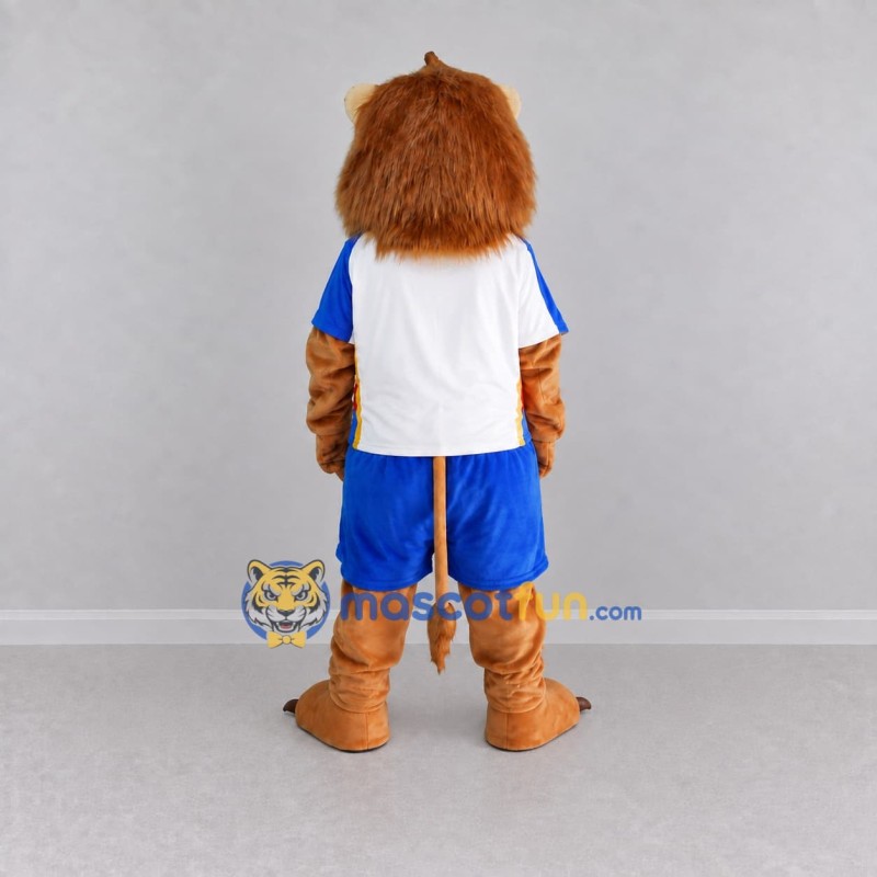 Custom Tan White and Blue Lion in Sportswear Mascot Costume Adult Full Body Suit for Sports Events Custom Tan White and Blue Lion in Sportswear Mascot Costume Adult Full Body Suit for Sports Events