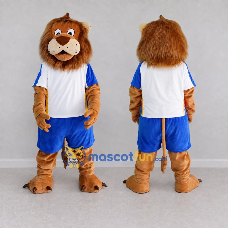 Custom Tan White and Blue Lion in Sportswear Mascot Costume Adult Full Body Suit for Sports Events Custom Tan White and Blue Lion in Sportswear Mascot Costume Adult Full Body Suit for Sports Events