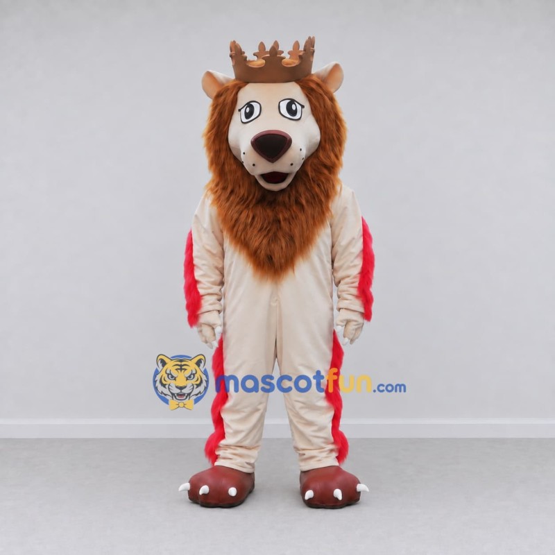 Custom Cream Brown and Red Lion with Crown Mascot Costume Adult Full Body Suit for Themed Parties