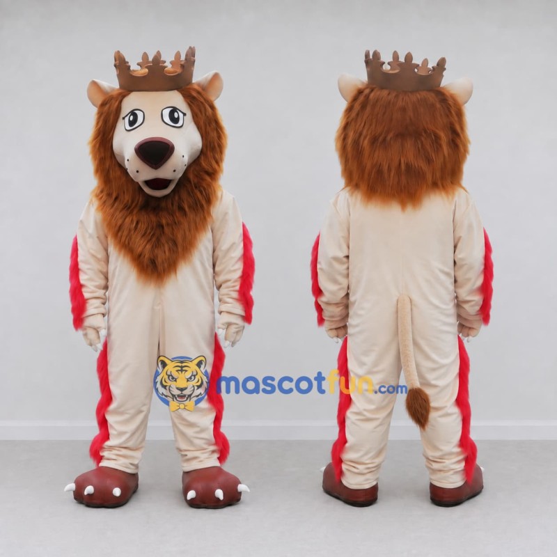 Custom Cream Brown and Red Lion with Crown Mascot Costume Adult Full Body Suit for Themed Parties