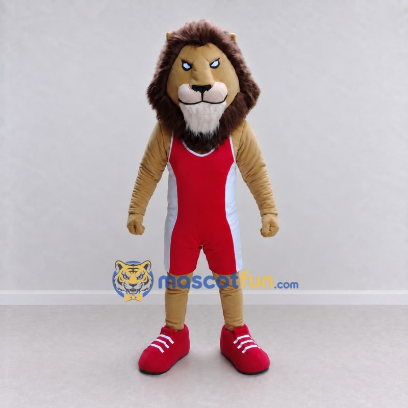 Custom Tan Brown and Red Lion in Wrestling Singlet Mascot Costume Adult Full Body Suit for Wrestling Events Custom Tan Brown and Red Lion in Wrestling Singlet Mascot Costume Adult Full Body Suit for Wrestling Events