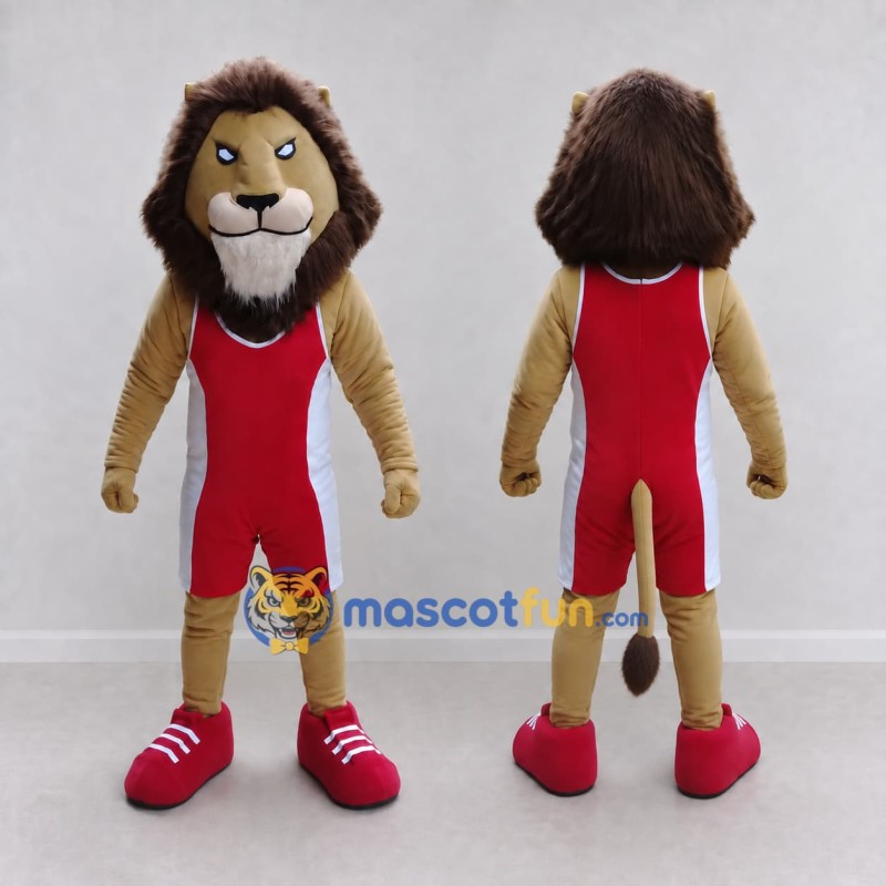 Custom Tan Brown and Red Lion in Wrestling Singlet Mascot Costume Adult Full Body Suit for Wrestling Events Custom Tan Brown and Red Lion in Wrestling Singlet Mascot Costume Adult Full Body Suit for Wrestling Events
