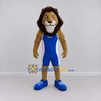 Custom Tan Brown and Blue Lion in Wrestling Singlet Mascot Costume Adult Full Body Suit for Wrestling Events