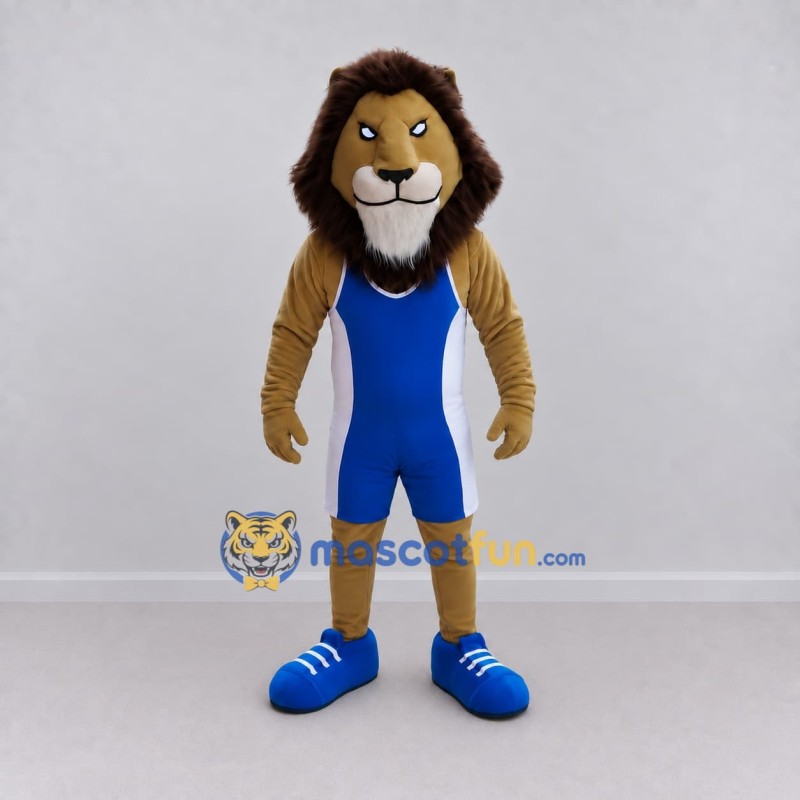 Custom Tan Brown and Blue Lion in Wrestling Singlet Mascot Costume Adult Full Body Suit for Wrestling Events Custom Tan Brown and Blue Lion in Wrestling Singlet Mascot Costume Adult Full Body Suit for Wrestling Events