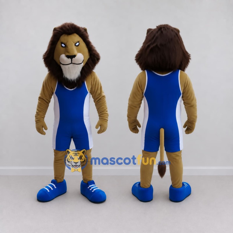 Custom Tan Brown and Blue Lion in Wrestling Singlet Mascot Costume Adult Full Body Suit for Wrestling Events Custom Tan Brown and Blue Lion in Wrestling Singlet Mascot Costume Adult Full Body Suit for Wrestling Events