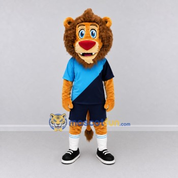 Custom Tan Blue and Navy Blue Lion in Sportswear Mascot Costume Adult Full Body Suit for Sports Events Custom Tan Blue and Navy Blue Lion in Sportswear Mascot Costume Adult Full Body Suit for Sports Events