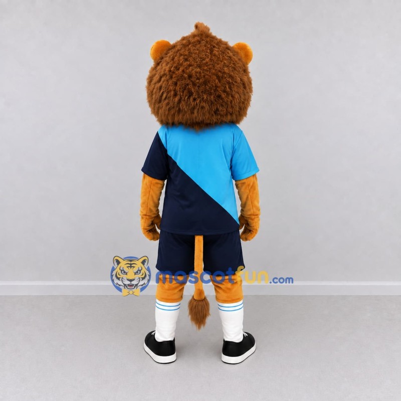 Custom Tan Blue and Navy Blue Lion in Sportswear Mascot Costume Adult Full Body Suit for Sports Events Custom Tan Blue and Navy Blue Lion in Sportswear Mascot Costume Adult Full Body Suit for Sports Events