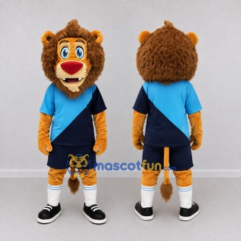 Custom Tan Blue and Navy Blue Lion in Sportswear Mascot Costume Adult Full Body Suit for Sports Events