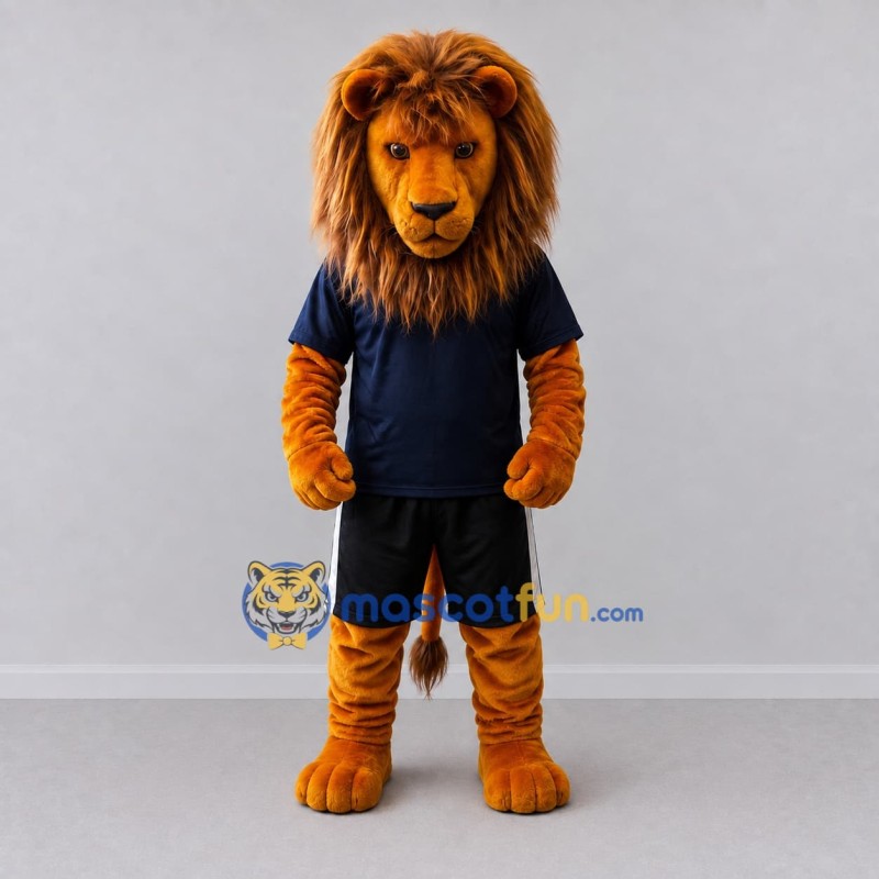 Custom Golden Brown and Navy Blue Lion in Sportswear Mascot Costume Adult Full Body Suit for Sports Events Custom Golden Brown and Navy Blue Lion in Sportswear Mascot Costume Adult Full Body Suit for Sports Events