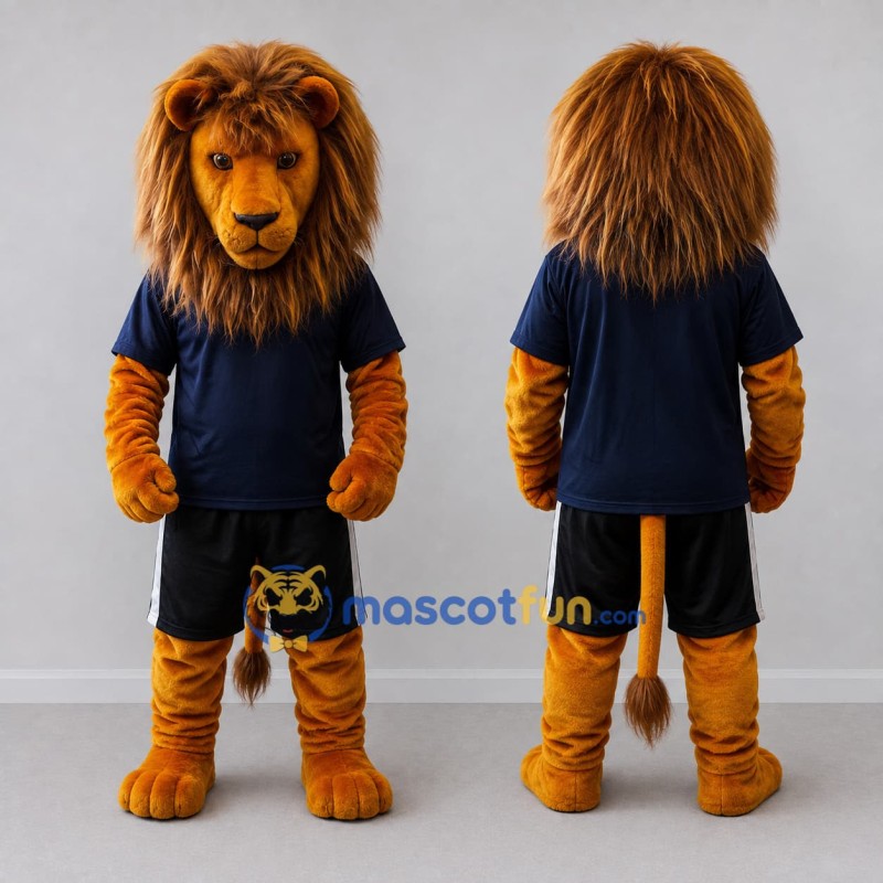 Custom Golden Brown and Navy Blue Lion in Sportswear Mascot Costume Adult Full Body Suit for Sports Events Custom Golden Brown and Navy Blue Lion in Sportswear Mascot Costume Adult Full Body Suit for Sports Events
