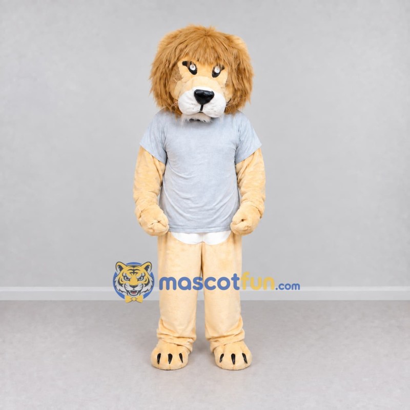 Custom Cream Tan and Gray Lion in T-Shirt Mascot Costume Adult Full Body Suit for School Events