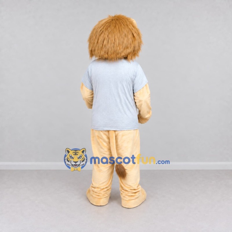 Custom Cream Tan and Gray Lion in T-Shirt Mascot Costume Adult Full Body Suit for School Events