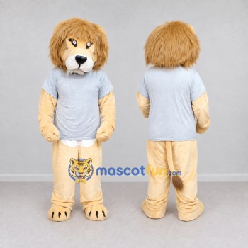 Custom Cream Tan and Gray Lion in T-Shirt Mascot Costume Adult Full Body Suit for School Events