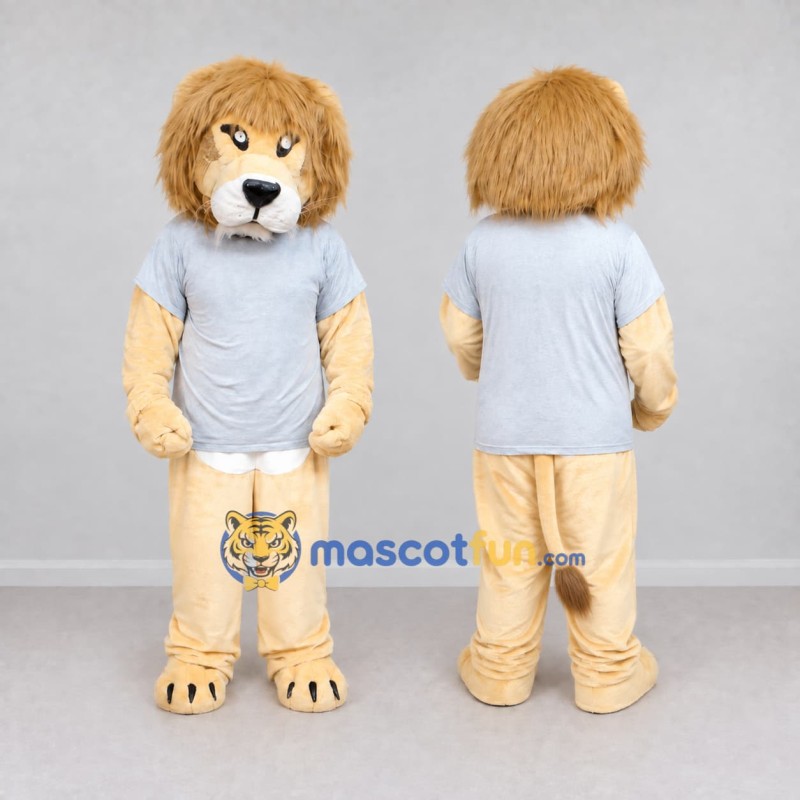 Custom Cream Tan and Gray Lion in T-Shirt Mascot Costume Adult Full Body Suit for School Events