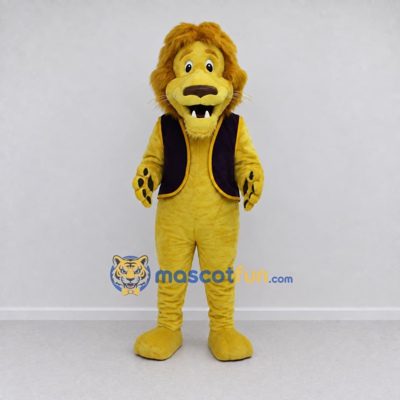 Custom Yellow and Purple Lion in Vest Mascot Costume Adult Full Body Suit for Themed Parties Custom Yellow and Purple Lion in Vest Mascot Costume Adult Full Body Suit for Themed Parties
