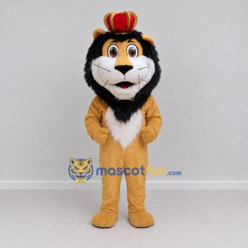 Custom Tan Black and Red Lion with Crown Mascot Costume Adult Full Body Suit for Themed Parties Custom Tan Black and Red Lion with Crown Mascot Costume Adult Full Body Suit for Themed Parties