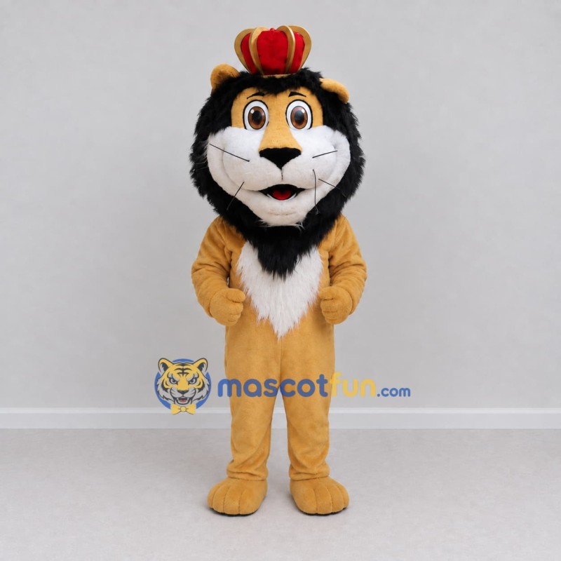 Custom Tan Black and Red Lion with Crown Mascot Costume Adult Full Body Suit for Themed Parties