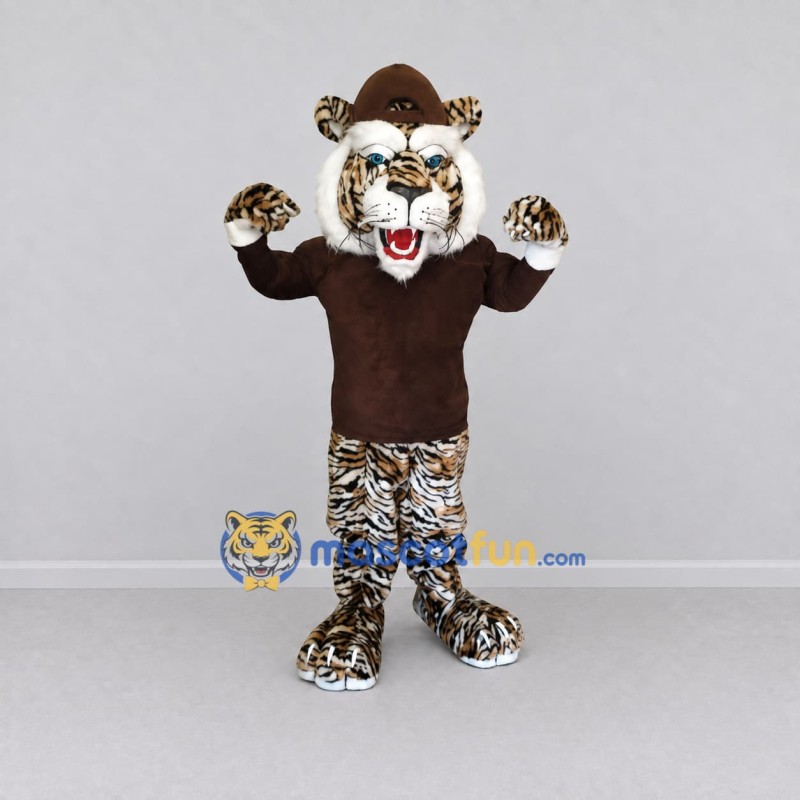 Custom Brown Black and White Tiger in Hat and Sweater Mascot Costume Adult Full Body Suit for Themed Parties