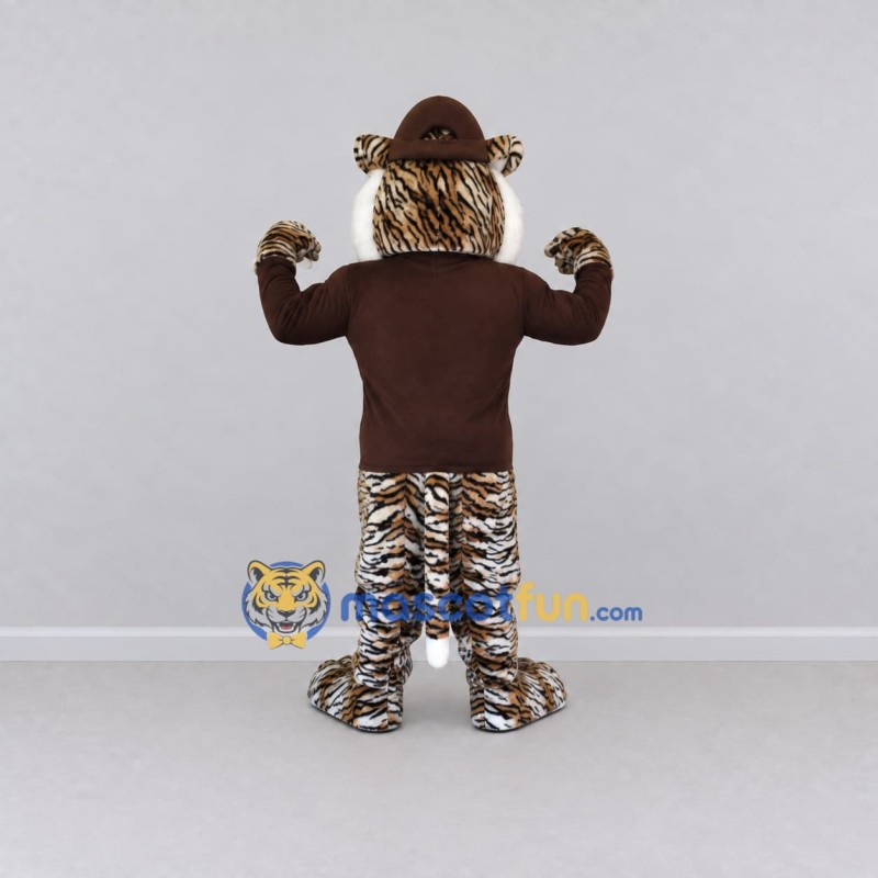 Custom Brown Black and White Tiger in Hat and Sweater Mascot Costume Adult Full Body Suit for Themed Parties