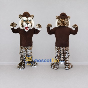 Custom Brown Black and White Tiger in Hat and Sweater Mascot Costume Adult Full Body Suit for Themed Parties