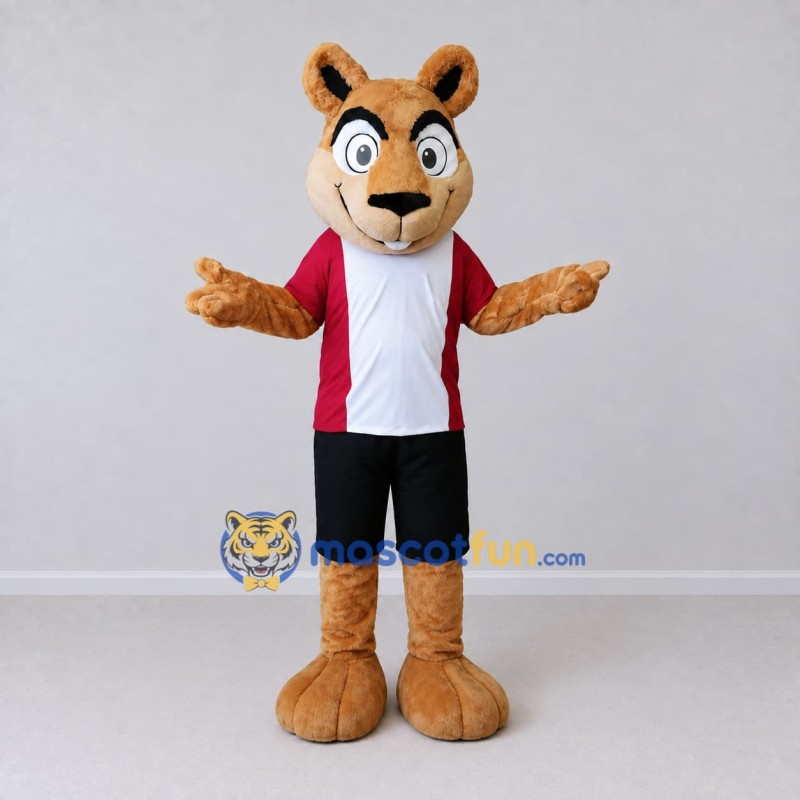 Custom Tan Red and Black Animal Character in Sportswear Mascot Costume Adult Full Body Suit for Sports Events Custom Tan Red and Black Animal Character in Sportswear Mascot Costume Adult Full Body Suit for Sports Events
