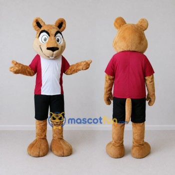 Custom Tan Red and Black Animal Character in Sportswear Mascot Costume Adult Full Body Suit for Sports Events