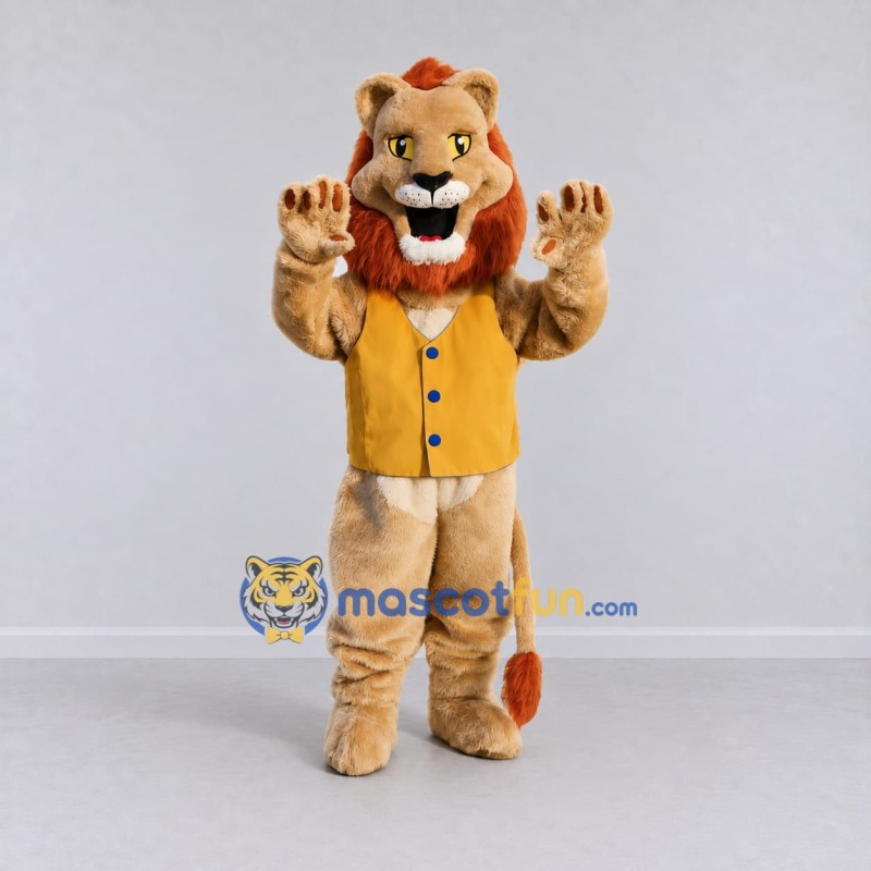 Custom Tan Orange and Yellow Lion in Vest Mascot Costume Adult Full Body Suit for Themed Parties Custom Tan Orange and Yellow Lion in Vest Mascot Costume Adult Full Body Suit for Themed Parties