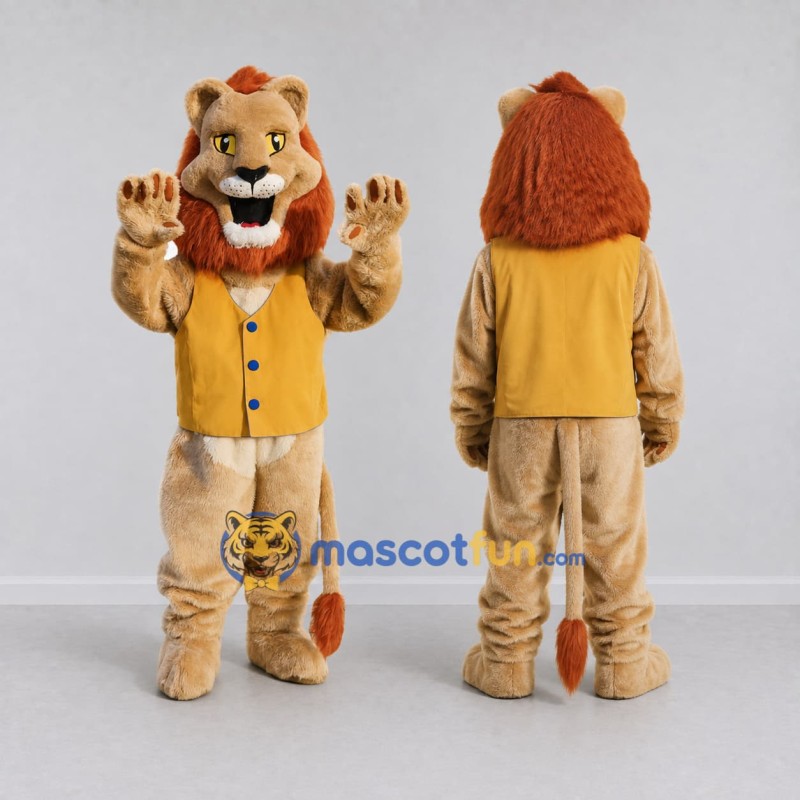 Custom Tan Orange and Yellow Lion in Vest Mascot Costume Adult Full Body Suit for Themed Parties Custom Tan Orange and Yellow Lion in Vest Mascot Costume Adult Full Body Suit for Themed Parties