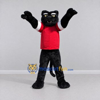 Custom Black and Red Panther in T-Shirt Mascot Costume Adult Full Body Suit for Sports Events Custom Black and Red Panther in T-Shirt Mascot Costume Adult Full Body Suit for Sports Events
