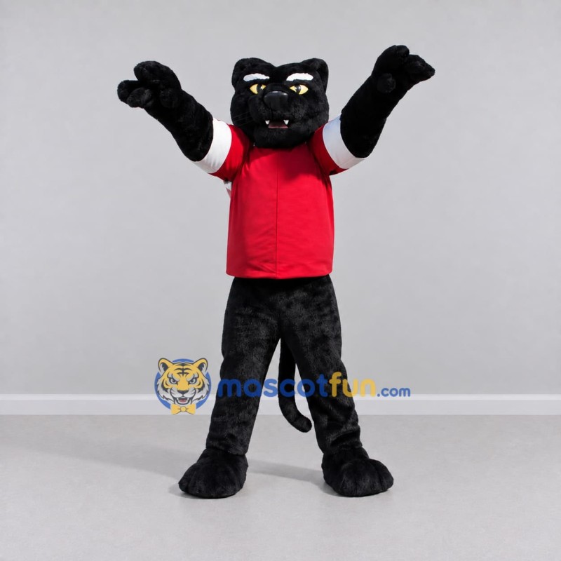 Custom Black and Red Panther in T-Shirt Mascot Costume Adult Full Body Suit for Sports Events Custom Black and Red Panther in T-Shirt Mascot Costume Adult Full Body Suit for Sports Events