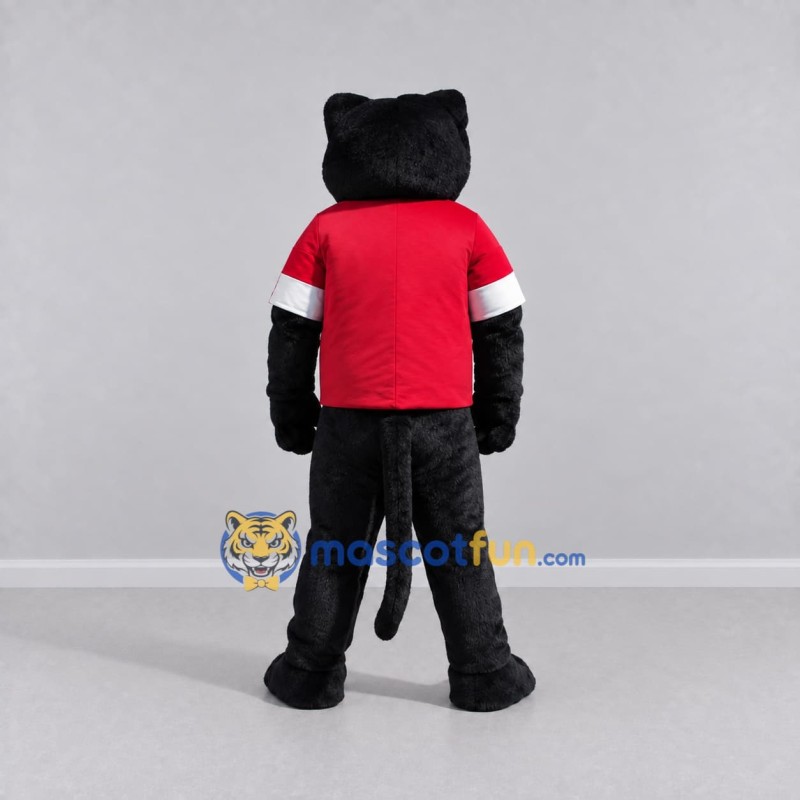 Custom Black and Red Panther in T-Shirt Mascot Costume Adult Full Body Suit for Sports Events Custom Black and Red Panther in T-Shirt Mascot Costume Adult Full Body Suit for Sports Events