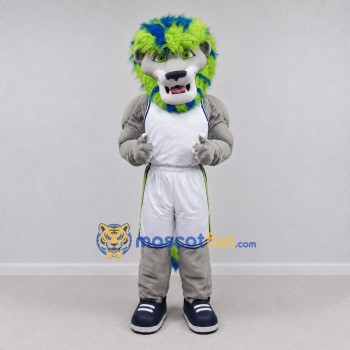 Custom Gray Blue Green and White Lion in Sportswear Mascot Costume Adult Full Body Suit for Sports Events