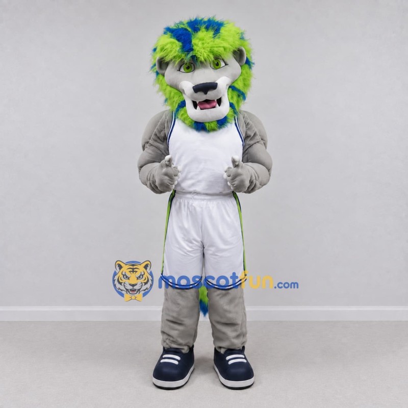 Custom Gray Blue Green and White Lion in Sportswear Mascot Costume Adult Full Body Suit for Sports Events Custom Gray Blue Green and White Lion in Sportswear Mascot Costume Adult Full Body Suit for Sports Events
