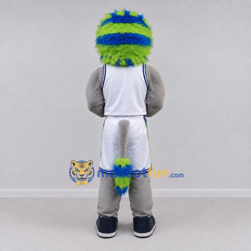 Custom Gray Blue Green and White Lion in Sportswear Mascot Costume Adult Full Body Suit for Sports Events Custom Gray Blue Green and White Lion in Sportswear Mascot Costume Adult Full Body Suit for Sports Events
