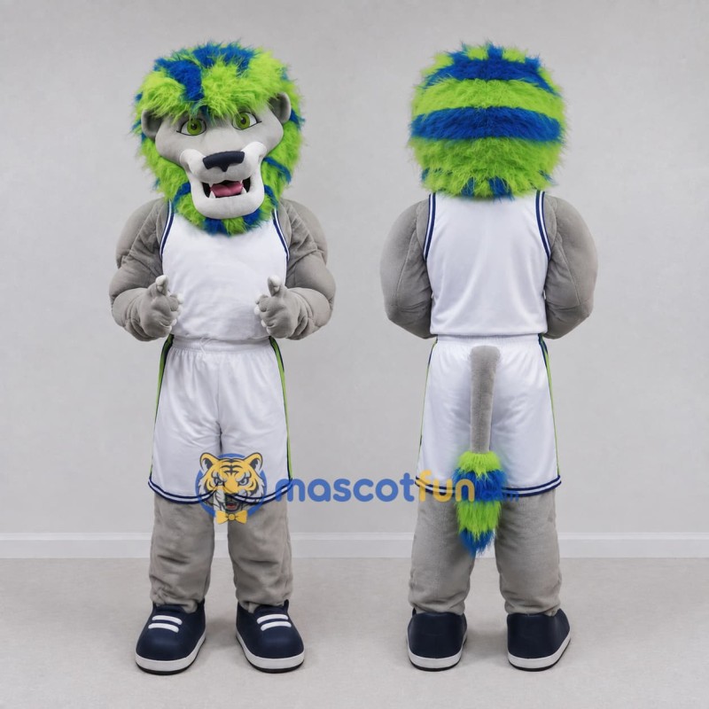 Custom Gray Blue Green and White Lion in Sportswear Mascot Costume Adult Full Body Suit for Sports Events Custom Gray Blue Green and White Lion in Sportswear Mascot Costume Adult Full Body Suit for Sports Events