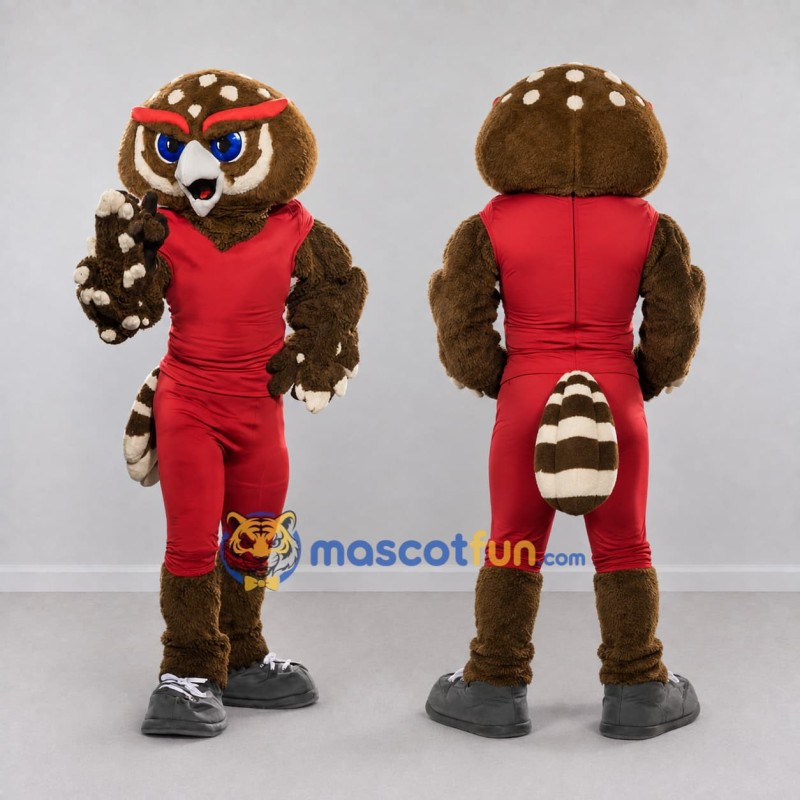 Custom Brown White and Red Owl in Sportswear Mascot Costume Adult Full Body Suit for Sports Events Custom Brown White and Red Owl in Sportswear Mascot Costume Adult Full Body Suit for Sports Events