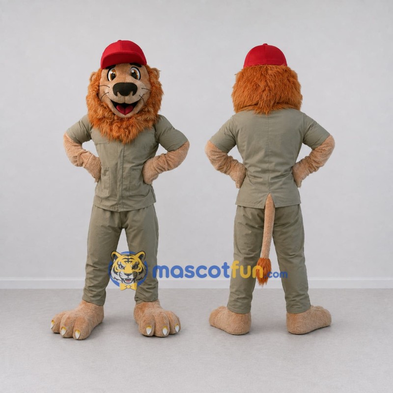 Custom Tan Orange and Khaki Lion in Safari Outfit Mascot Costume Adult Full Body Suit for Zoo Events Custom Tan Orange and Khaki Lion in Safari Outfit Mascot Costume Adult Full Body Suit for Zoo Events
