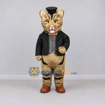 Custom Tan and Black Tabby Cat in Top Hat Mascot Costume Adult Full Body Suit for Themed Parties Custom Tan and Black Tabby Cat in Top Hat Mascot Costume Adult Full Body Suit for Themed Parties