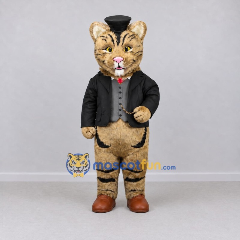 Custom Tan and Black Tabby Cat in Top Hat Mascot Costume Adult Full Body Suit for Themed Parties Custom Tan and Black Tabby Cat in Top Hat Mascot Costume Adult Full Body Suit for Themed Parties