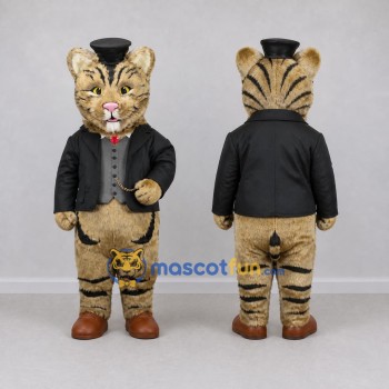Custom Tan and Black Tabby Cat in Top Hat Mascot Costume Adult Full Body Suit for Themed Parties