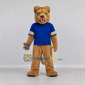 Custom Tan and Blue Big Cat in T Shirt Mascot Costume Adult Full Body Suit for School Events