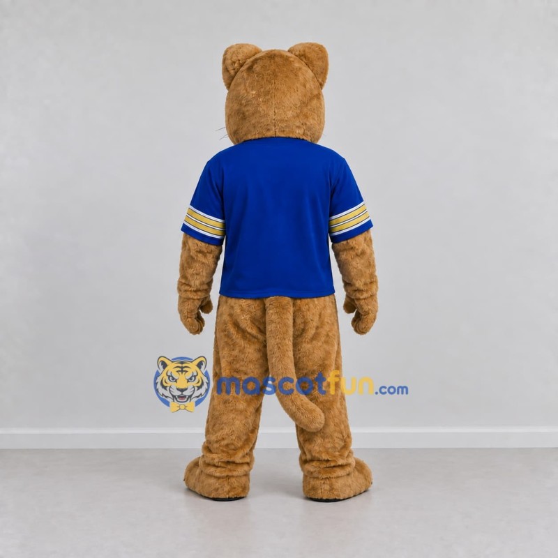 Custom Tan and Blue Big Cat in T Shirt Mascot Costume Adult Full Body Suit for School Events Custom Tan and Blue Big Cat in T Shirt Mascot Costume Adult Full Body Suit for School Events