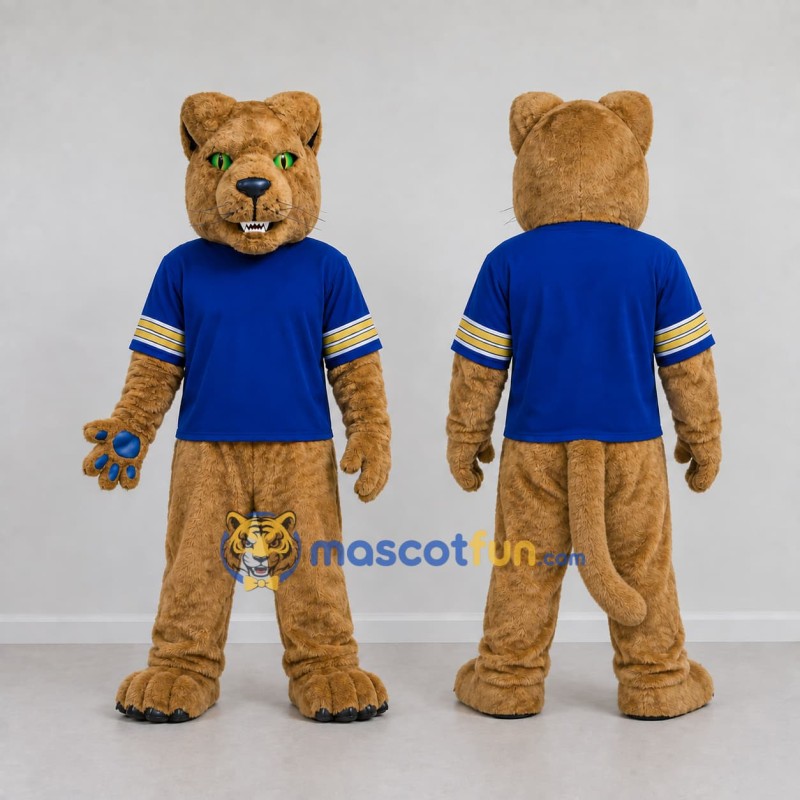 Custom Tan and Blue Big Cat in T Shirt Mascot Costume Adult Full Body Suit for School Events Custom Tan and Blue Big Cat in T Shirt Mascot Costume Adult Full Body Suit for School Events
