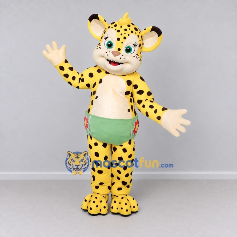 Custom Yellow and Black Spotted Cat in Shorts Mascot Costume Adult Full Body Suit for School Events Custom Yellow and Black Spotted Cat in Shorts Mascot Costume Adult Full Body Suit for School Events