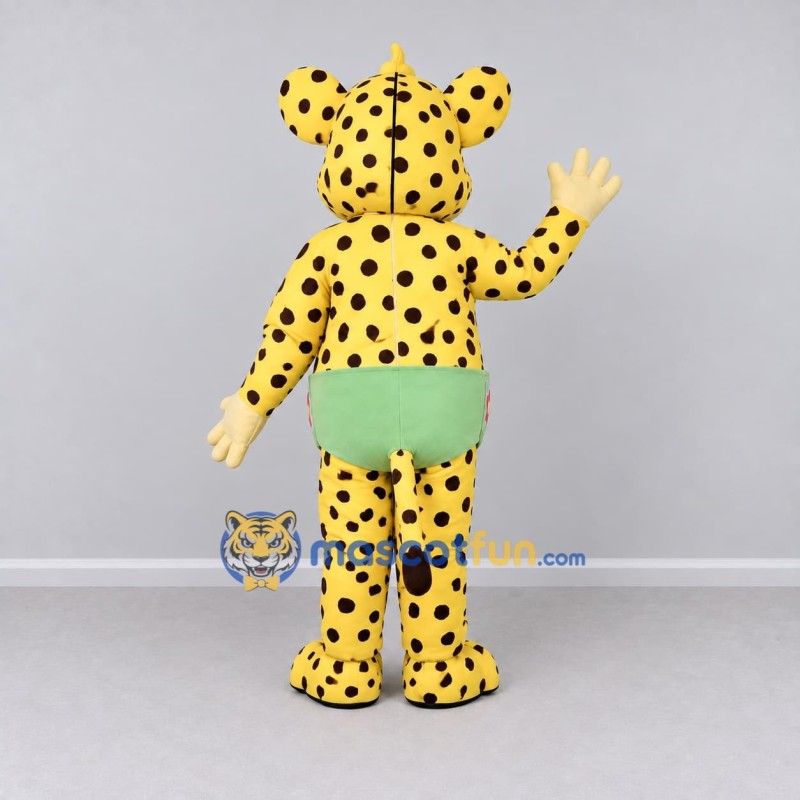 Custom Yellow and Black Spotted Cat in Shorts Mascot Costume Adult Full Body Suit for School Events Custom Yellow and Black Spotted Cat in Shorts Mascot Costume Adult Full Body Suit for School Events