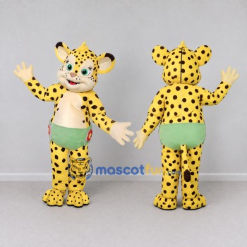 Custom Yellow and Black Spotted Cat in Shorts Mascot Costume Adult Full Body Suit for School Events