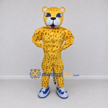 Custom Yellow and Black Spotted Cat in Sneakers Mascot Costume Adult Full Body Suit for Sports Events Custom Yellow and Black Spotted Cat in Sneakers Mascot Costume Adult Full Body Suit for Sports Events