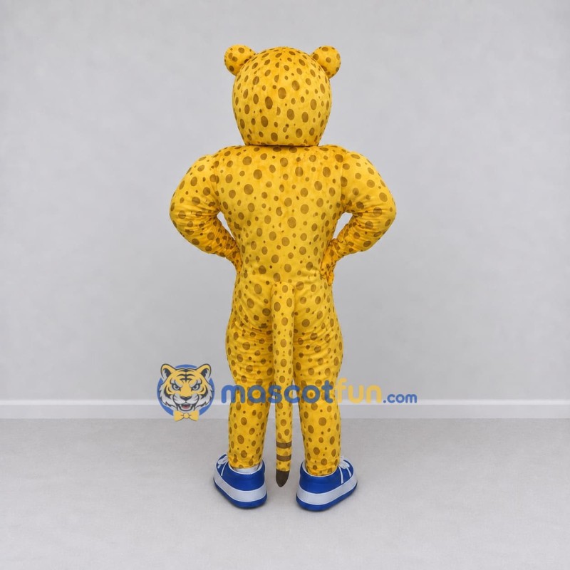 Custom Yellow and Black Spotted Cat in Sneakers Mascot Costume Adult Full Body Suit for Sports Events Custom Yellow and Black Spotted Cat in Sneakers Mascot Costume Adult Full Body Suit for Sports Events